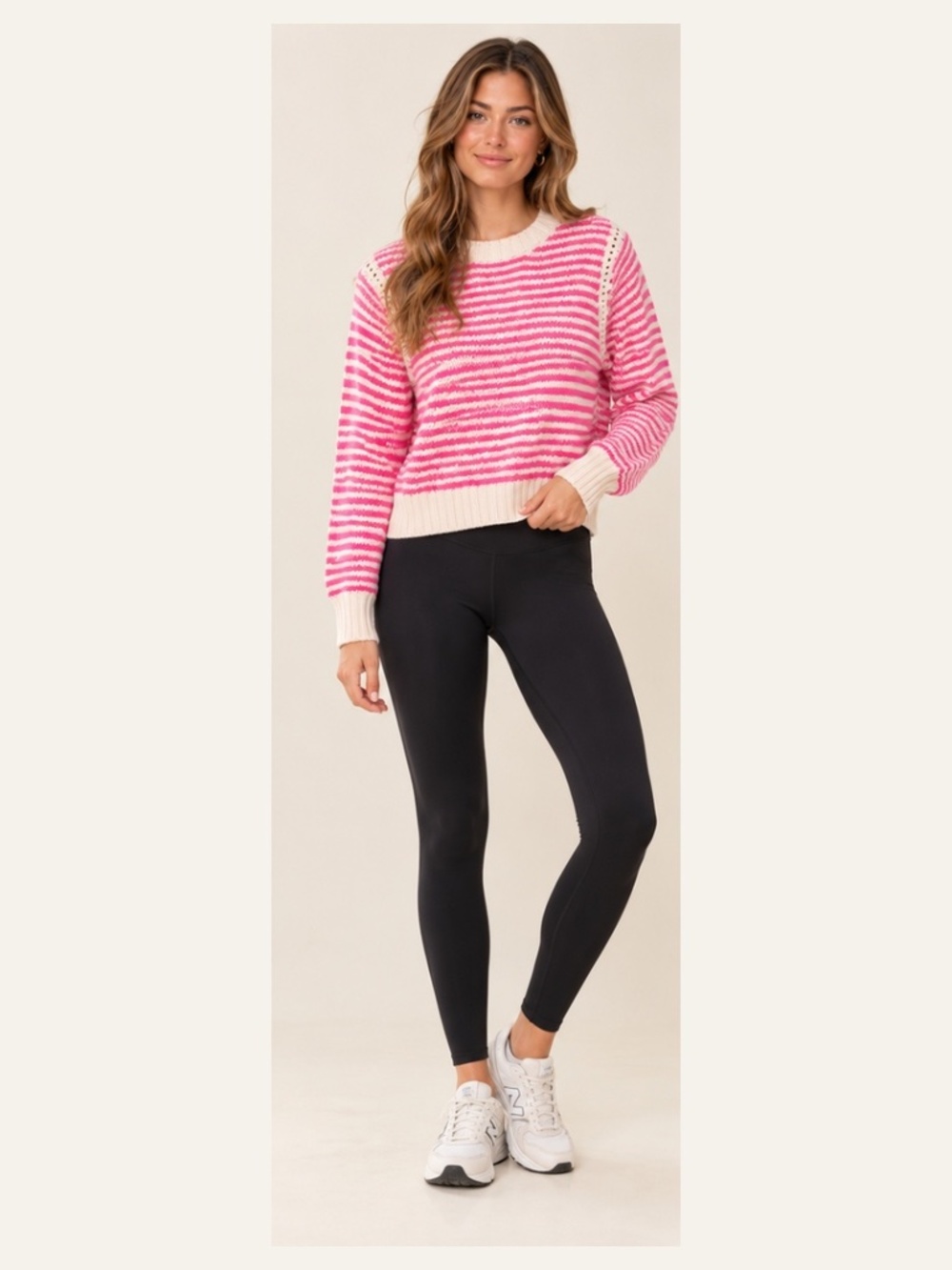 Michael Stars Pink & Cream Striped Crewneck Sweater 💗 Openwork Detail M